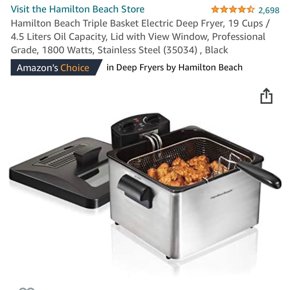 Hamilton Beach Triple Basket Electric Deep Fryer, 19 Cups / 4.5 Liters